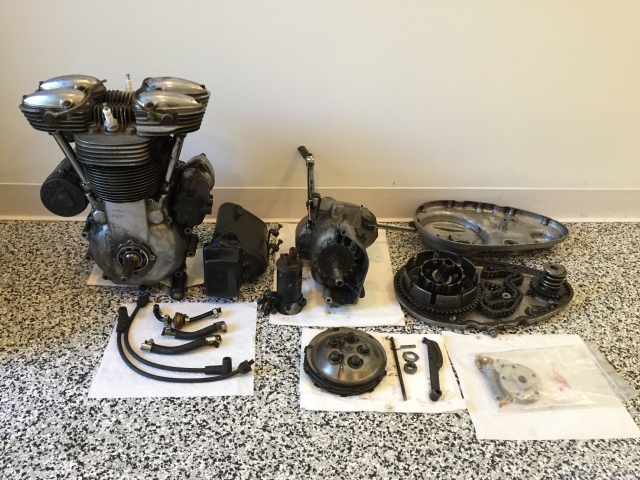 Left to Right: Mt TT motor, magneto, transmission, primary case, 'cetera..